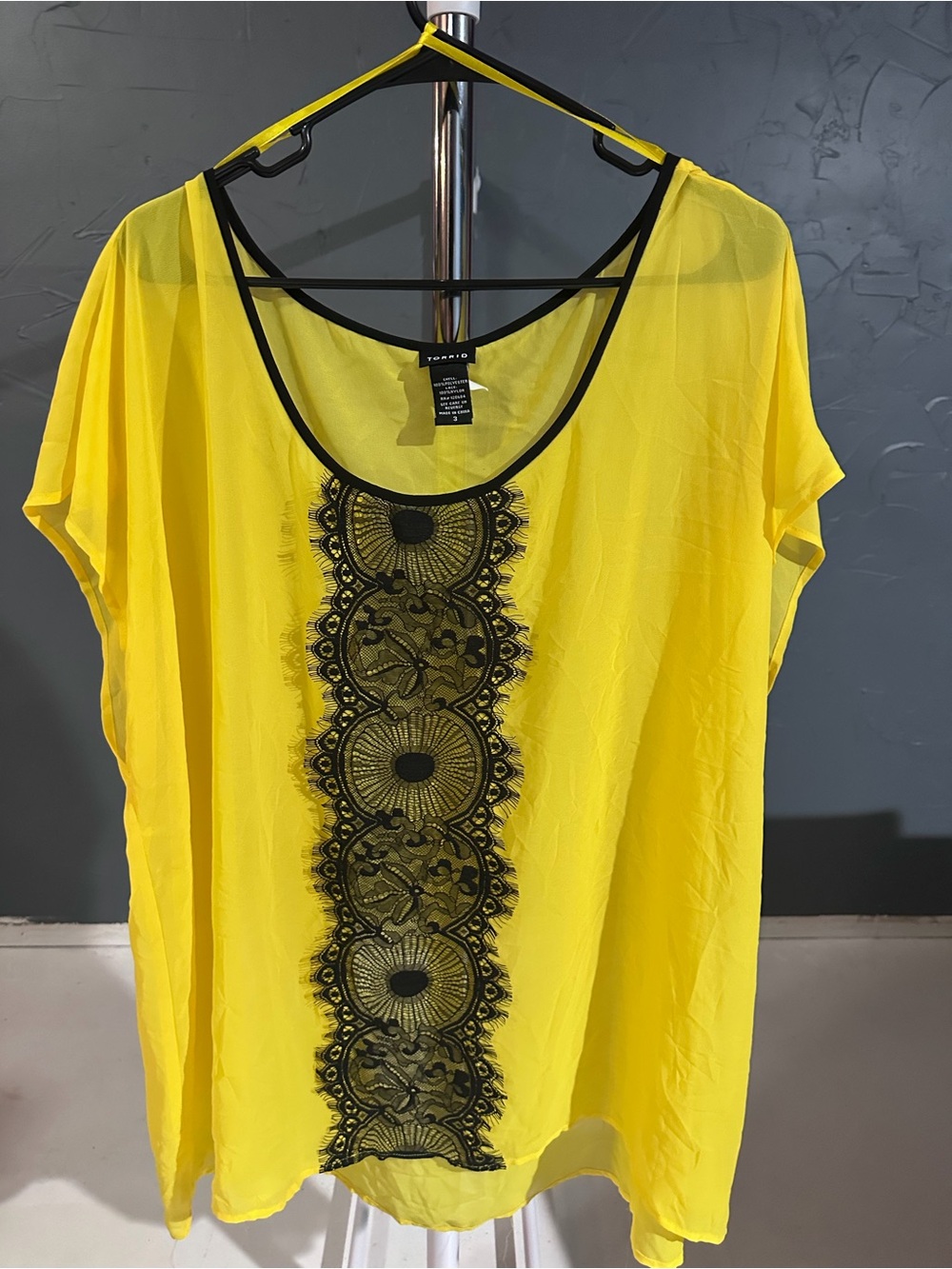 torrid Yellow Blouse with Black Lace Front Panel